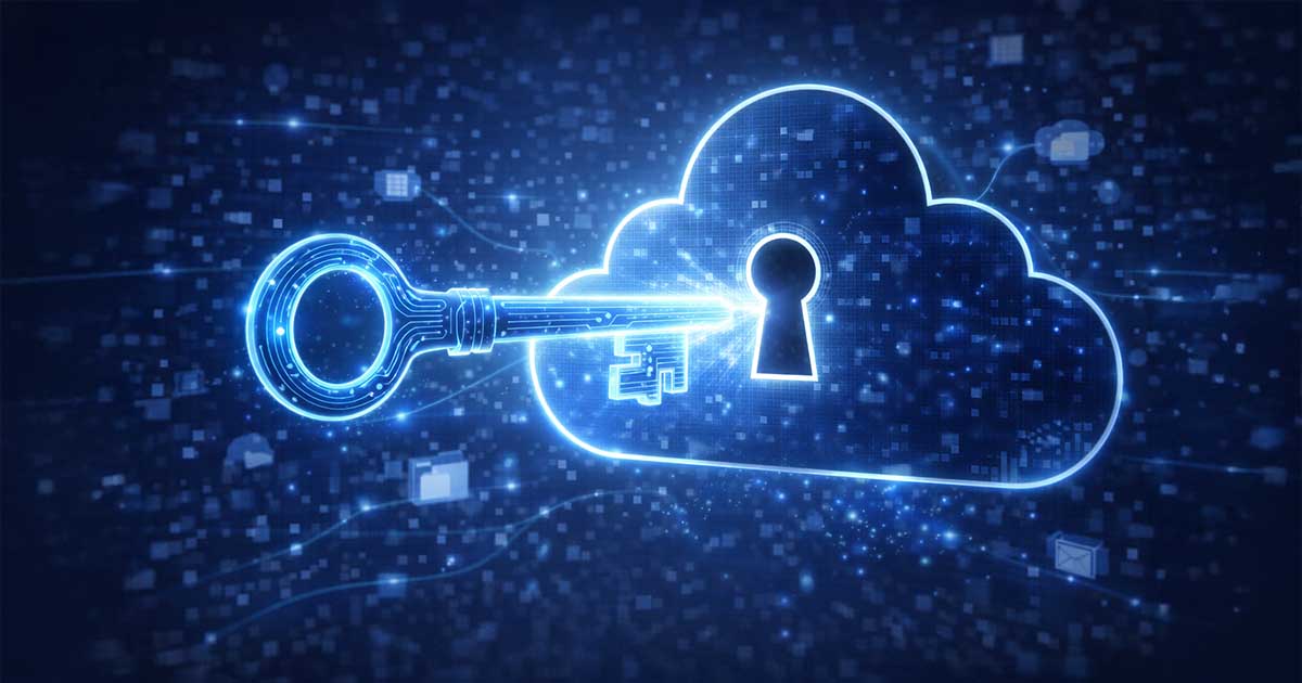 Digital encryption key unlocking cloud storage for business data security.