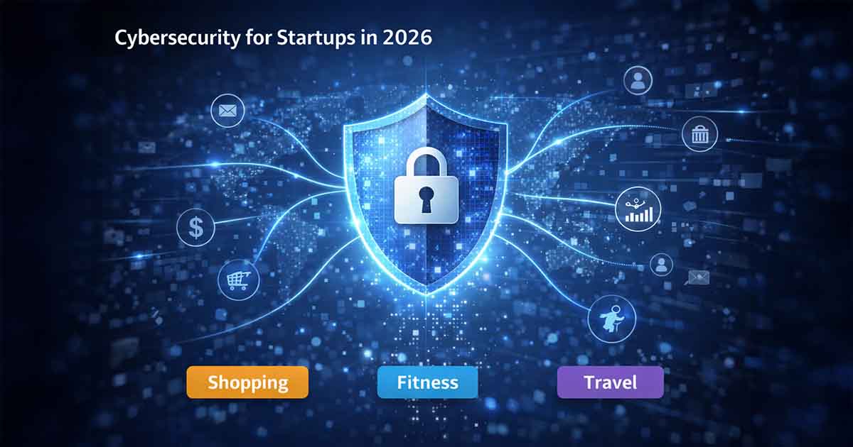 A conceptual digital shield protecting business data network representing cybersecurity for startups in 2026.