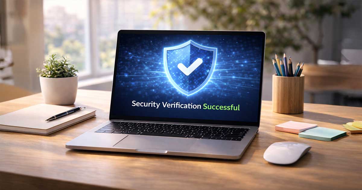 A professional workspace photo with a laptop showing a "Security Verification Successful" shield icon on the screen.