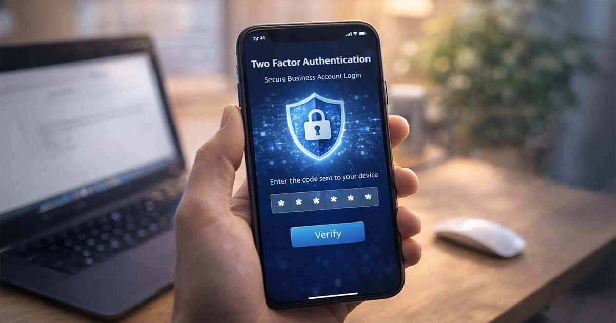 A smartphone screen displaying a Two Factor Authentication prompt for secure business account login.