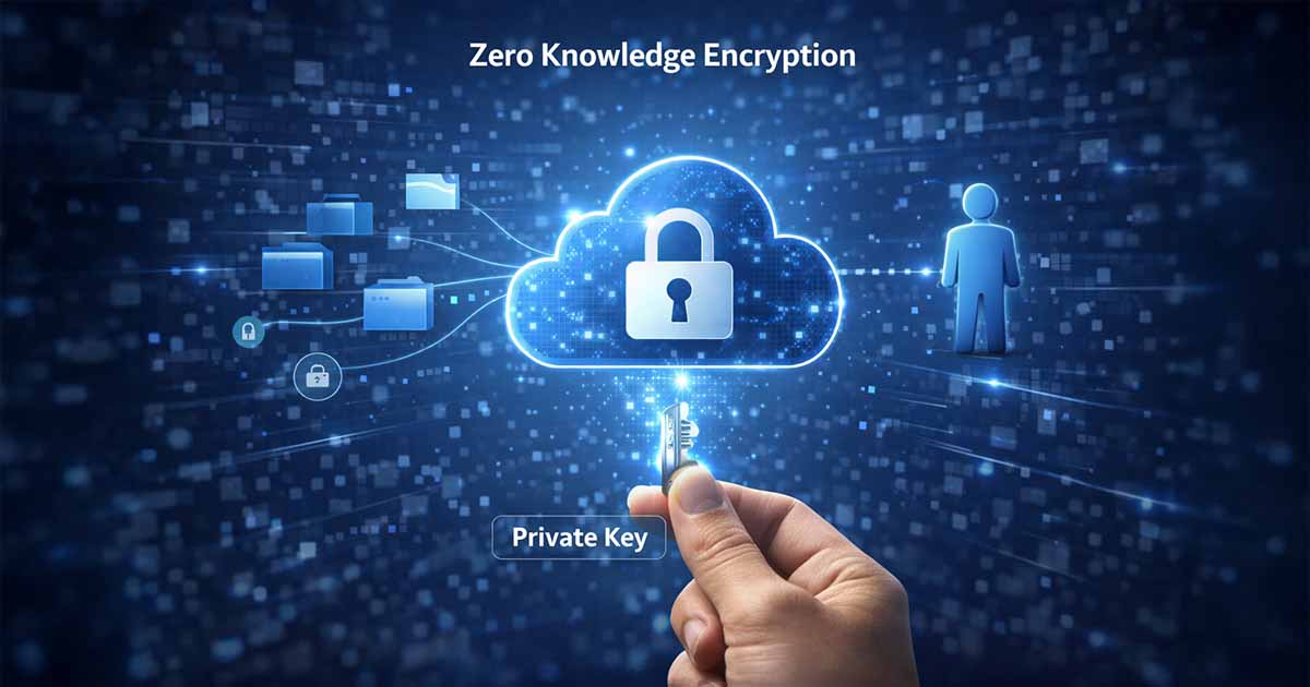 Zero Knowledge Encryption concept showing a cloud storage icon accessible only by a user held private key.